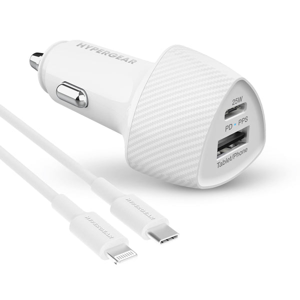 HyperGear SpeedBoost 25W USB-C PD + 12W USB Fast CLA Car Charger w/ PPS 4ft Lightning Cable 15623